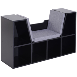 HOMCOM Bookcase Shelf Storage Seat with Cushion Sideboard Kids Children Reading Bedroom Living Room Organizer Black - Aosom UK - thumbnail 1
