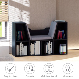 HOMCOM Bookcase Shelf Storage Seat with Cushion Sideboard Kids Children Reading Bedroom Living Room Organizer Black - Aosom UK - thumbnail 4