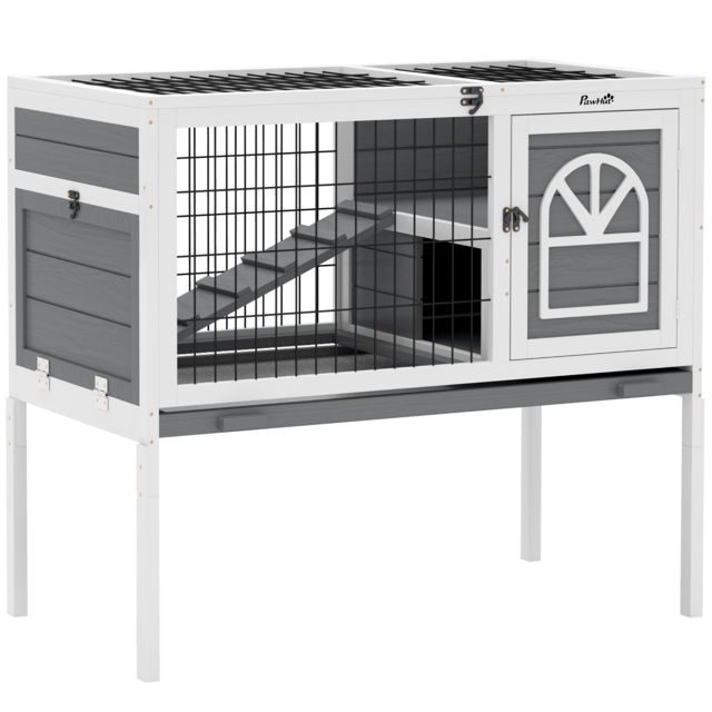 PawHut Wooden Rabbit Hutch, Guinea Pig Cage, with Removable Tray, Openable Roof, Grey - image 1