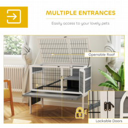 PawHut Wooden Rabbit Hutch, Guinea Pig Cage, with Removable Tray, Openable Roof, Grey - thumbnail 5