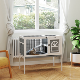 PawHut Wooden Rabbit Hutch, Guinea Pig Cage, with Removable Tray, Openable Roof, Grey - thumbnail 2