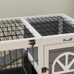 PawHut Wooden Rabbit Hutch, Guinea Pig Cage, with Removable Tray, Openable Roof, Grey - thumbnail 8