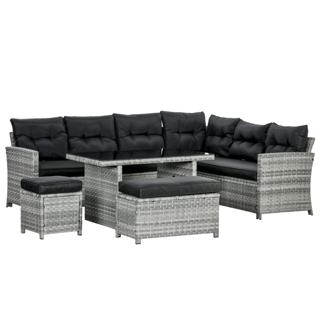 Outsunny 5-Piece Rattan Patio Furniture Set with Corner Sofa, Footstools, Glass Coffee Table, Cushions, Mixed Grey - image 1
