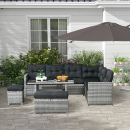Outsunny 5-Piece Rattan Patio Furniture Set with Corner Sofa, Footstools, Glass Coffee Table, Cushions, Mixed Grey - thumbnail 2