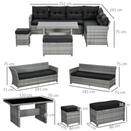 Outsunny 5-Piece Rattan Patio Furniture Set with Corner Sofa, Footstools, Glass Coffee Table, Cushions, Mixed Grey - thumbnail 3