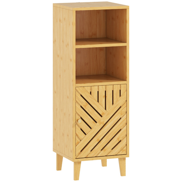 HOMCOM Slim Bathroom Cabinet with Bamboo Door and Legs, Narrow Bathroom Storage Cabinet, Freestanding Storage Cupboard with Open Compartments, 32 x 30 x 90 cm, Natural Wood Finish - image 1