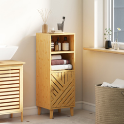 HOMCOM Slim Bathroom Cabinet with Bamboo Door and Legs, Narrow Bathroom Storage Cabinet, Freestanding Storage Cupboard with Open Compartments, 32 x 30 x 90 cm, Natural Wood Finish - thumbnail 2