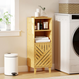 HOMCOM Slim Bathroom Cabinet with Bamboo Door and Legs, Narrow Bathroom Storage Cabinet, Freestanding Storage Cupboard with Open Compartments, 32 x 30 x 90 cm, Natural Wood Finish - thumbnail 9