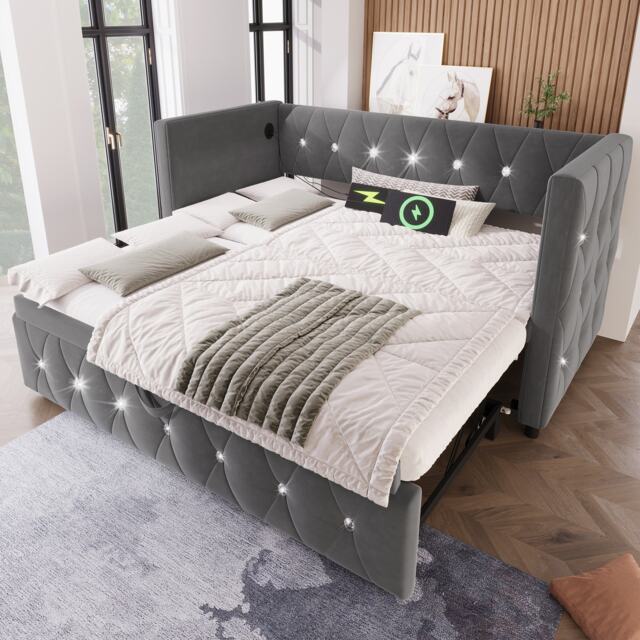 Upholstered Velvet Daybed with USB and Type C Ports, Pull-Out Trundle, Elegant Single Sofa Bed for Bedroom, 203L x 101-194W x 76H cm, Grey - Aosom.UK - image 1