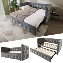 Upholstered Velvet Daybed with USB and Type C Ports, Pull-Out Trundle, Elegant Single Sofa Bed for Bedroom, 203L x 101-194W x 76H cm, Grey - Aosom.UK - thumbnail 6