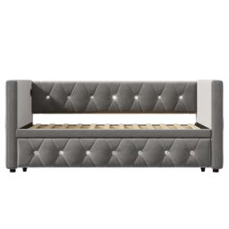 Upholstered Velvet Daybed with USB and Type C Ports, Pull-Out Trundle, Elegant Single Sofa Bed for Bedroom, 203L x 101-194W x 76H cm, Grey - Aosom.UK - thumbnail 2