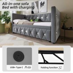 Upholstered Velvet Daybed with USB and Type C Ports, Pull-Out Trundle, Elegant Single Sofa Bed for Bedroom, 203L x 101-194W x 76H cm, Grey - Aosom.UK - thumbnail 5