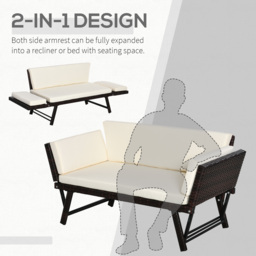 Outsunny Waterproof 2 Seater Rattan Folding Daybed Sofa Bench Garden Chaise Lounger Loveseat with Cushion Outdoor Patio Brown - Aosom UK - thumbnail 4