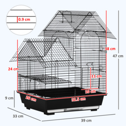 PawHut Metal Bird Cage w/ Stand, Parrot Cockatiel Budgie Finch Canary, Includes Food Containers Swing Ring Tray, Black, 39 x 33 x 47 cm - Aosom UK - thumbnail 3