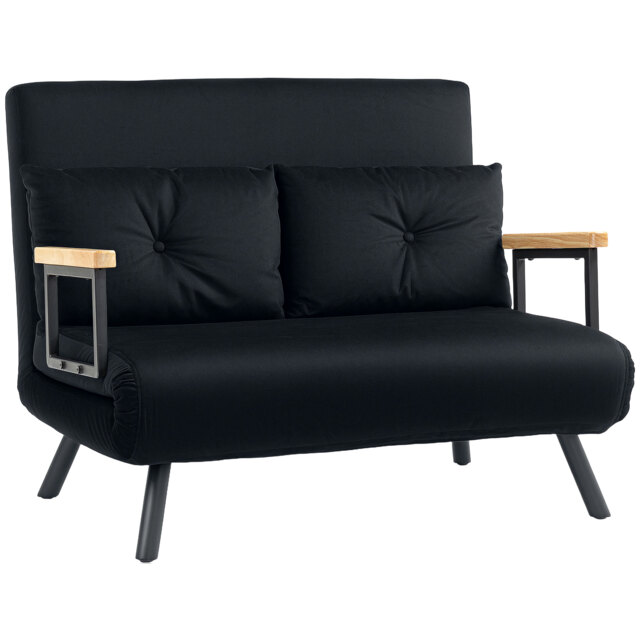HOMCOM Convertible Double Sofa Bed, 180° Recline, Velvet Touch Fabric & Wooden Armrests, with 20CM Cushions & 2 Pillows, Black - Aosom UK - image 1