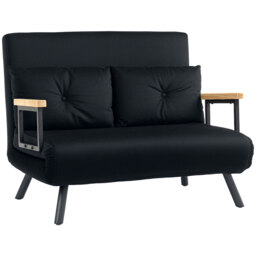 HOMCOM Convertible Double Sofa Bed, 180° Recline, Velvet Touch Fabric & Wooden Armrests, with 20CM Cushions & 2 Pillows, Black - Aosom UK - thumbnail 1