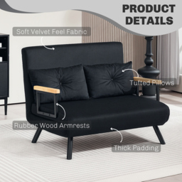 HOMCOM Convertible Double Sofa Bed, 180° Recline, Velvet Touch Fabric & Wooden Armrests, with 20CM Cushions & 2 Pillows, Black - Aosom UK - thumbnail 6