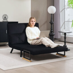 HOMCOM Convertible Double Sofa Bed, 180° Recline, Velvet Touch Fabric & Wooden Armrests, with 20CM Cushions & 2 Pillows, Black - Aosom UK - thumbnail 7