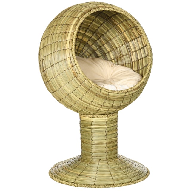 PawHut Cat House Elevated, Natural Mat Grass Bed, Round Kitten Cave with Cushion, Detachable Top, Yellow, 41 x 71.5 cm - Aosom UK - image 1