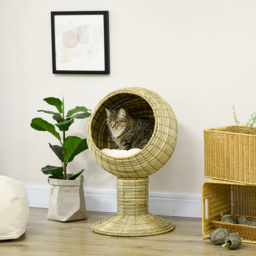 PawHut Cat House Elevated, Natural Mat Grass Bed, Round Kitten Cave with Cushion, Detachable Top, Yellow, 41 x 71.5 cm - Aosom UK - thumbnail 2