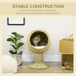PawHut Cat House Elevated, Natural Mat Grass Bed, Round Kitten Cave with Cushion, Detachable Top, Yellow, 41 x 71.5 cm - Aosom UK - thumbnail 4