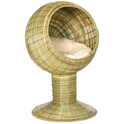 PawHut Cat House Elevated, Natural Mat Grass Bed, Round Kitten Cave with Cushion, Detachable Top, Yellow, 41 x 71.5 cm - Aosom UK