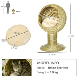 PawHut Cat House Elevated, Natural Mat Grass Bed, Round Kitten Cave with Cushion, Detachable Top, Yellow, 41 x 71.5 cm - Aosom UK - thumbnail 3