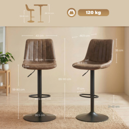 HOMCOM Breakfast Bar Stools Set of 2, 59-80cm Sitting Hight Leather Upholstered Bar Chairs with Back, Swivel Seat, Brown - Aosom UK - thumbnail 3