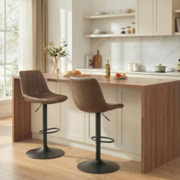 HOMCOM Breakfast Bar Stools Set of 2, 59-80cm Sitting Hight Leather Upholstered Bar Chairs with Back, Swivel Seat, Brown - Aosom UK - thumbnail 2