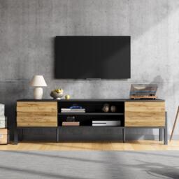 Low-Profile TV Cabinet with Soft-Close Hinges and Adjustable Shelves, Stylish TV Stand with 2 Cabinets, 175L x 39.5W x 53H cm, Natural - Aosom UK - thumbnail 7