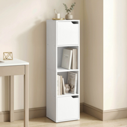 HOMCOM Narrow Bookcase, 4-Tier Bookshelf, Storage Cabinet with doors for Living Room, Bedroom, White - thumbnail 2