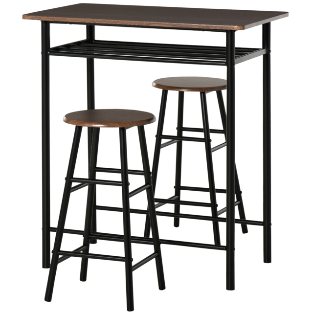 HOMCOM Bar Table and Stools w/ Metal Frame Footrest and Storage Shelf, Bar Table Set for Kitchen, Dining Room, Pub, Cafe, Black and Oak - Aosom UK - image 1