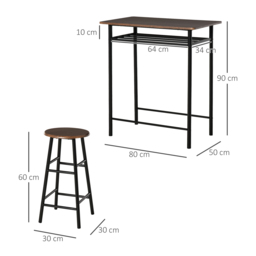 HOMCOM Bar Table and Stools w/ Metal Frame Footrest and Storage Shelf, Bar Table Set for Kitchen, Dining Room, Pub, Cafe, Black and Oak - Aosom UK - thumbnail 3
