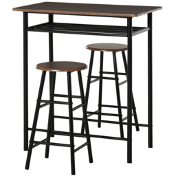 HOMCOM Bar Table and Stools w/ Metal Frame Footrest and Storage Shelf, Bar Table Set for Kitchen, Dining Room, Pub, Cafe, Black and Oak - Aosom UK - thumbnail 1