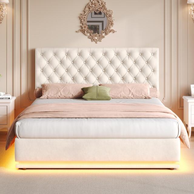 Ottoman Double Bed with Adjustable Headboard, LED Lighting, Upholstered Bed Frame with Hydraulic Storage, 195L x 142W x 102-112H cm, Beige - Aosom.UK - image 1