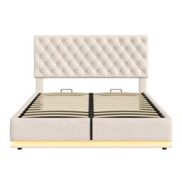 Ottoman Double Bed with Adjustable Headboard, LED Lighting, Upholstered Bed Frame with Hydraulic Storage, 195L x 142W x 102-112H cm, Beige - Aosom.UK - thumbnail 2
