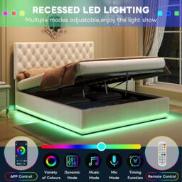 Ottoman Double Bed with Adjustable Headboard, LED Lighting, Upholstered Bed Frame with Hydraulic Storage, 195L x 142W x 102-112H cm, Beige - Aosom.UK - thumbnail 5