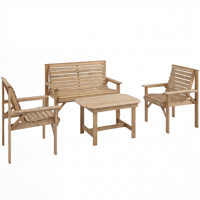 Outsunny 4 Piece Wooden Garden Furniture Set, Outdoor Garden Sofa Set with 2 Armchairs, Loveseat and Coffee Table, Natural Wood - image 1