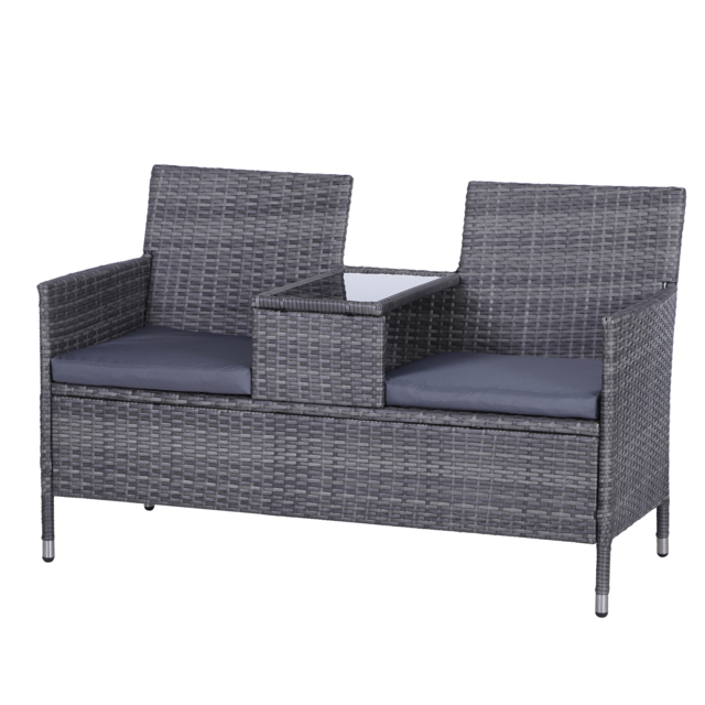 Outsunny Garden Rattan 2 Seater Companion Seat Wicker Love Seat Weave Partner Bench with Cushions Patio Outdoor Furniture - Grey - Aosom UK