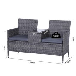 Outsunny Garden Rattan 2 Seater Companion Seat Wicker Love Seat Weave Partner Bench with Cushions Patio Outdoor Furniture - Grey - Aosom UK - thumbnail 3