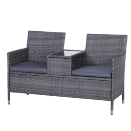 Outsunny Garden Rattan 2 Seater Companion Seat Wicker Love Seat Weave Partner Bench with Cushions Patio Outdoor Furniture - Grey - Aosom UK - thumbnail 1