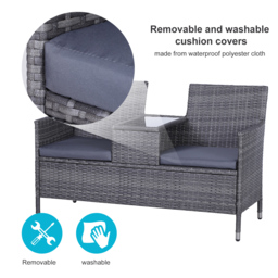 Outsunny Garden Rattan 2 Seater Companion Seat Wicker Love Seat Weave Partner Bench with Cushions Patio Outdoor Furniture - Grey - Aosom UK - thumbnail 5