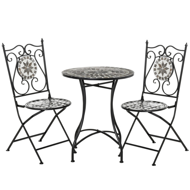 Outsunny 3 Pcs Mosaic Tile Garden Bistro Set Outdoor Seating w/ Table 2 Folding Chairs Set Metal Frame Elegant Scrolling Indoor Patio Balcony - image 1