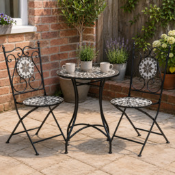 Outsunny 3 Pcs Mosaic Tile Garden Bistro Set Outdoor Seating w/ Table 2 Folding Chairs Set Metal Frame Elegant Scrolling Indoor Patio Balcony - thumbnail 2