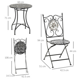Outsunny 3 Pcs Mosaic Tile Garden Bistro Set Outdoor Seating w/ Table 2 Folding Chairs Set Metal Frame Elegant Scrolling Indoor Patio Balcony - thumbnail 3