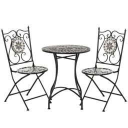 Outsunny 3 Pcs Mosaic Tile Garden Bistro Set Outdoor Seating w/ Table 2 Folding Chairs Set Metal Frame Elegant Scrolling Indoor Patio Balcony - thumbnail 1