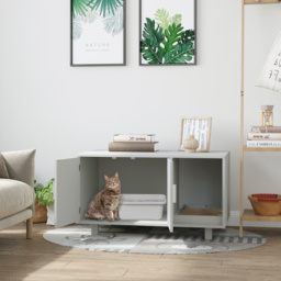 PawHut Cat Litter Box Enclosure, Wooden, Nightstand/End Table Design, with Scratcher, Magnetic Doors, Grey - Aosom UK - thumbnail 2