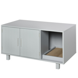 PawHut Cat Litter Box Enclosure, Wooden, Nightstand/End Table Design, with Scratcher, Magnetic Doors, Grey - Aosom UK