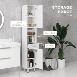 "kleankin 71"" Tall Slim Bathroom Storage Cabinet, Tall Narrow Cupboard with Drawer, Open Shelves, 2 Doors Cabinets and Adjustable Shelves for Kitchen, Hallway, Living Room, High Gloss White" - thumbnail 4