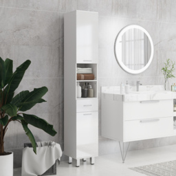 "kleankin 71"" Tall Slim Bathroom Storage Cabinet, Tall Narrow Cupboard with Drawer, Open Shelves, 2 Doors Cabinets and Adjustable Shelves for Kitchen, Hallway, Living Room, High Gloss White" - thumbnail 2
